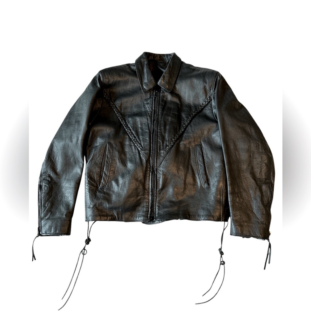 Black Women's Leather Jacket with Braided Detail - Picture 2 of 13